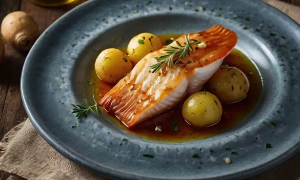 Delicioso filete de raya guisada a la gallega, servido con patatas pequeñas y romero en un plato azul.