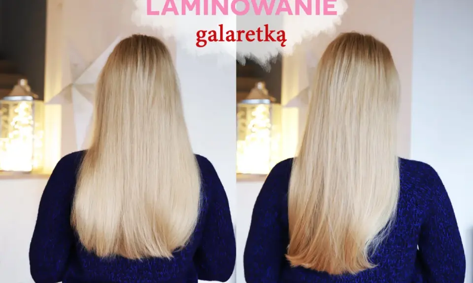 Efekt lśniących włosów po laminowaniu galaretką. Dwa ujęcia tej samej blond fryzury, porównanie przed i po zabiegu.