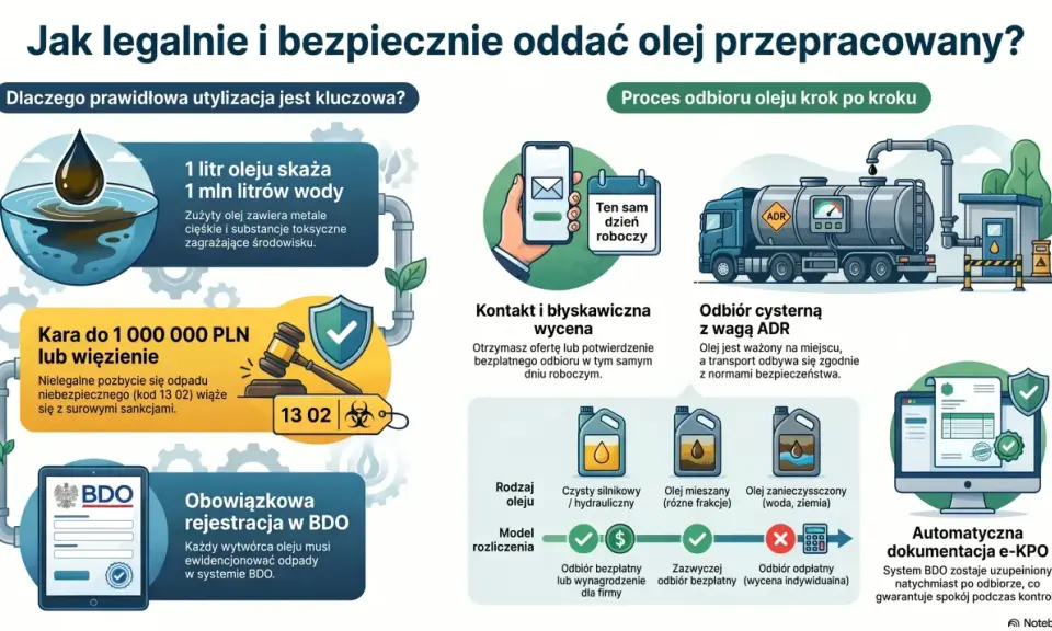 Legalny odbiór oleju silnikowego: od kontaktu po e-KPO. Dowiedz się, jak bezpiecznie oddać przepracowany olej i uniknąć kar.