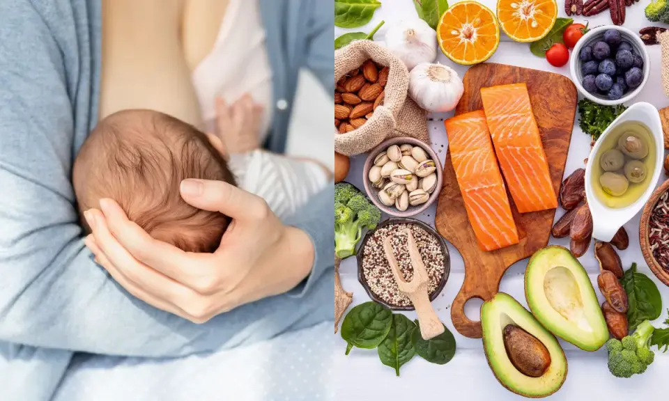 Nutricionista embarazo: lactancia y alimentos saludables como salmón, aguacate, frutos secos y verduras.