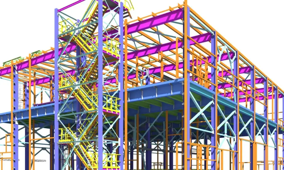 Estructura metálica tridimensional, mostrando la complejidad de la ingeniería estructural con vigas, columnas y escaleras de acceso en diversos colores.