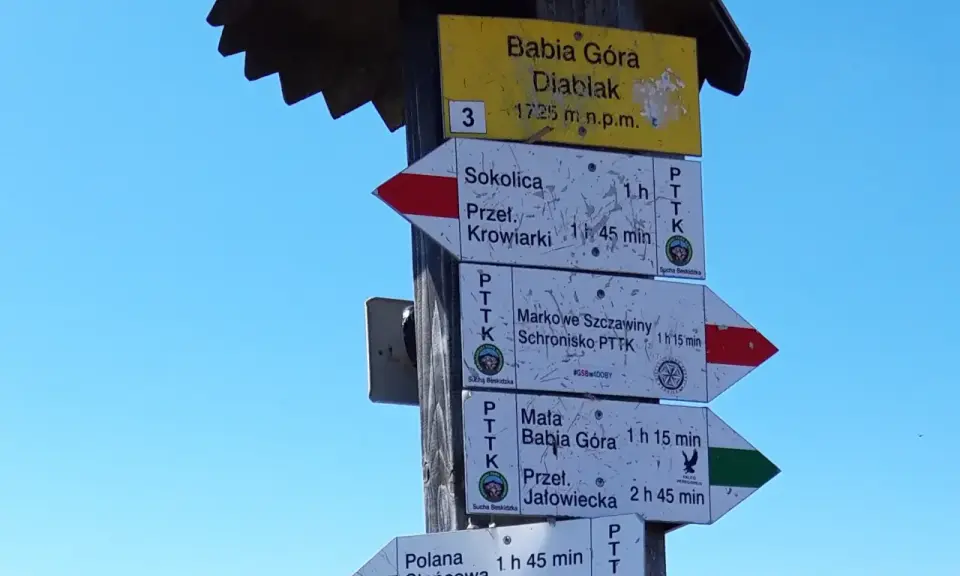 Szlaki turystyczne na Babiej Górze. Tabliczka informuje o wysokości 1725 m n.p.m. i kierunkach do Sokolicy, Markowych Szczawin, Małej Babiej Góry i innych.
