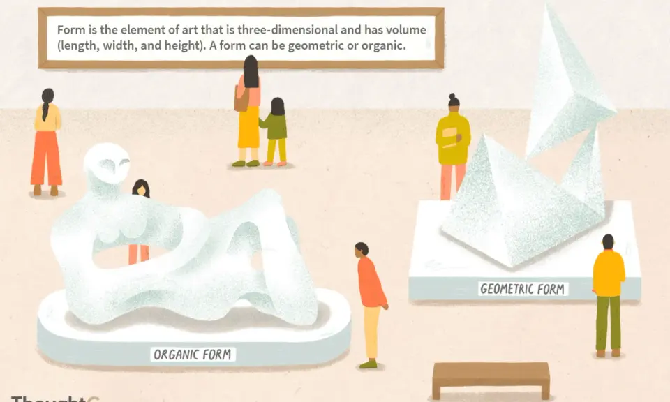 An art gallery displays organic and geometric forms. People observe sculptures, learning what are forms in art.