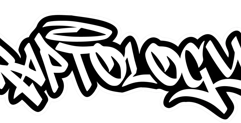 White graffiti-style lettering spelling "RAPTOLOGY" on a black background, showcasing how graffiti has changed over time with its bold, stylized forms.