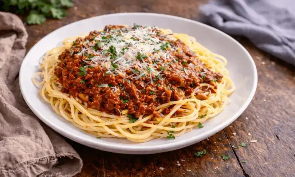 Pyszne spaghetti bolognese, idealne na prosty obiad. Makaron z bogatym sosem mięsnym, posypany parmezanem i natką pietruszki.