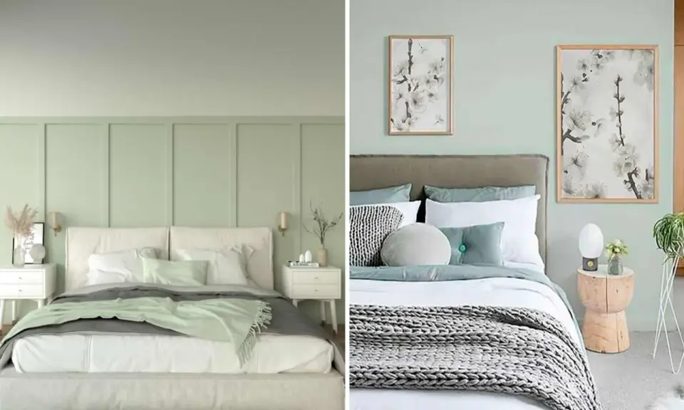 Deux chambres douillettes aux teintes vert sauge et beige, avec des lits confortables et des tableaux floraux apaisants.
