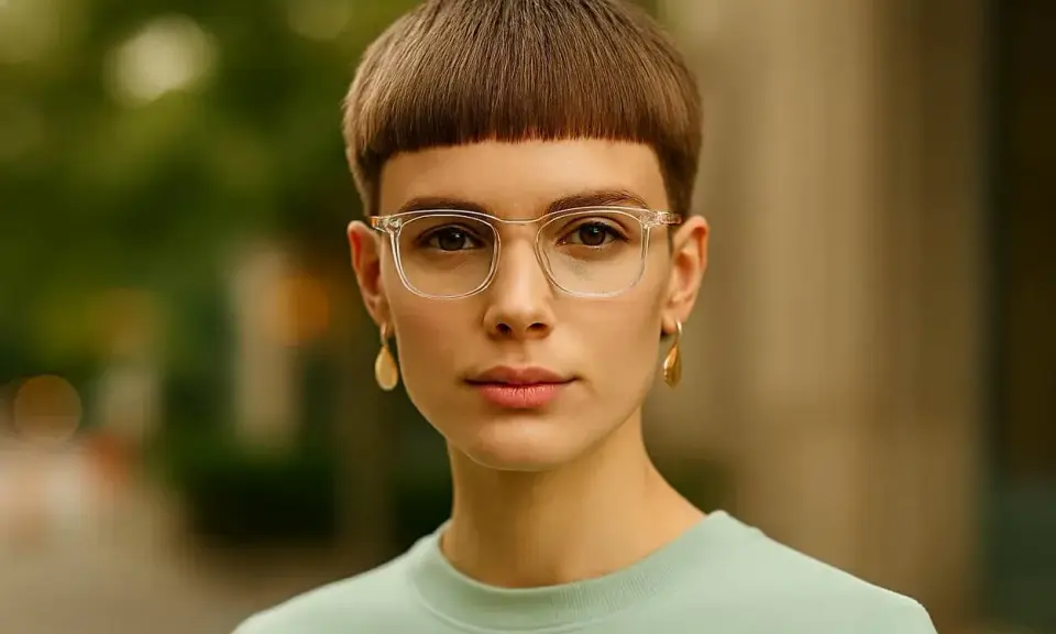 Une jeune femme au regard intense porte une coupe au bol cheveux bouclés, des lunettes transparentes et des boucles d'oreilles dorées.