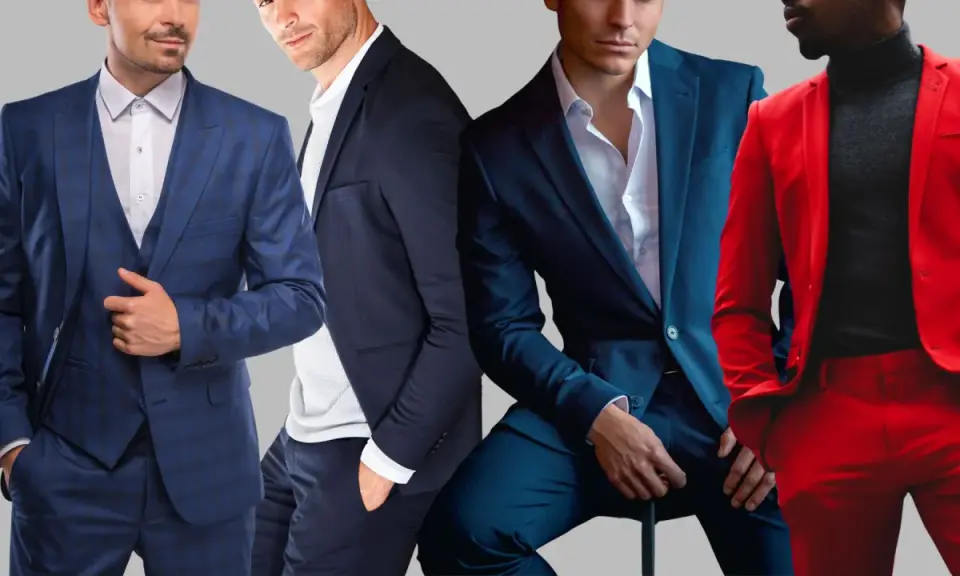Czterech mężczyzn w eleganckich garniturach. Jeden w kratę, drugi granatowy, trzeci w ciemnym odcieniu niebieskiego, a czwarty w jaskrawoczerwonym power suit.