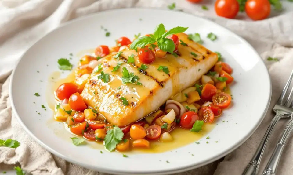Filet de poisson grillé nappé d'une sauce vierge aux tomates cerises et herbes fraîches, servi sur un lit de légumes croquants.
