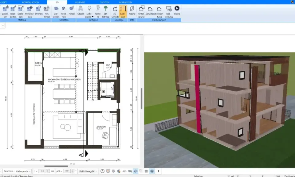 Grundriss in 3D umwandeln: Ein zweidimensionaler Bauplan wird zu einem dreidimensionalen Modell eines modernen Hauses mit mehreren Etagen.