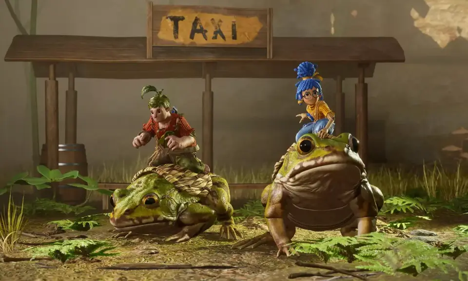 Deux personnages montent des grenouilles devant un panneau TAXI. Une scène de jeu mobile multijoueur entre amis.