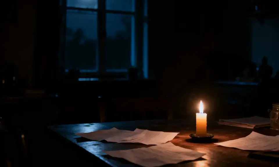 Nocny blackout. Płonąca świeca oświetla dokumenty na stole, księżyc zagląda przez okno.