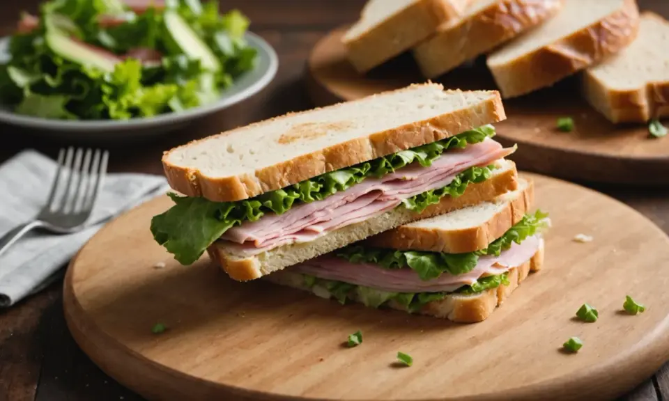 Un délicieux sandwich pain viennois garni de jambon et de laitue fraîche, prêt à être dégusté.