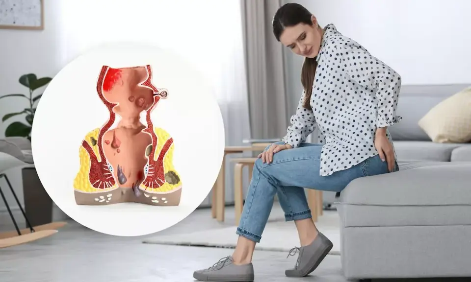 Kvinna med obehag som visar en modell av ändtarmen med hemorrojder och blod.