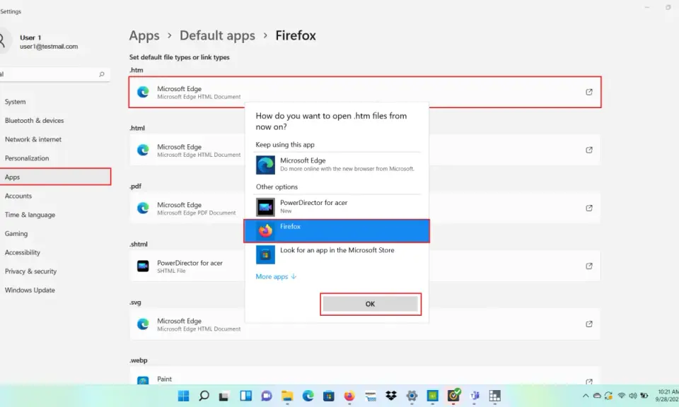 Jak ustawić domyślną przeglądarkę Windows 11: wybierz Firefox jako domyślną aplikację do otwierania plików .htm.