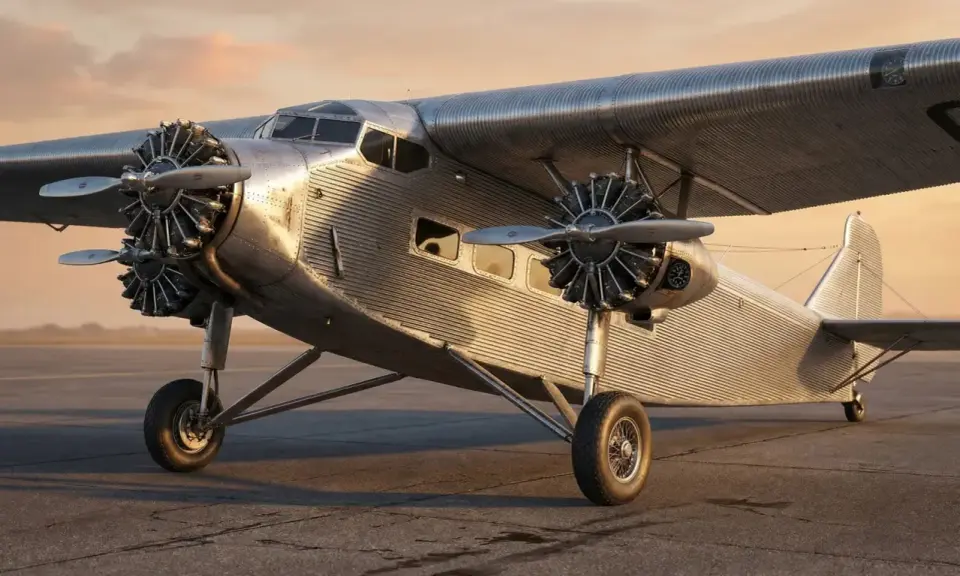 Ein glänzendes Ford Tri-Motor Flugzeug steht auf dem Rollfeld. Die drei Motoren sind gut sichtbar, ebenso wie die charakteristische Wellblechverkleidung.