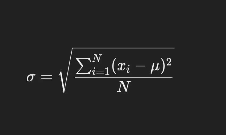 La formula per calcolare cos'è la deviazione standard: sigma è la radice quadrata della somma delle differenze al quadrato tra ogni valore e la media, divisa per il numero totale di valori.