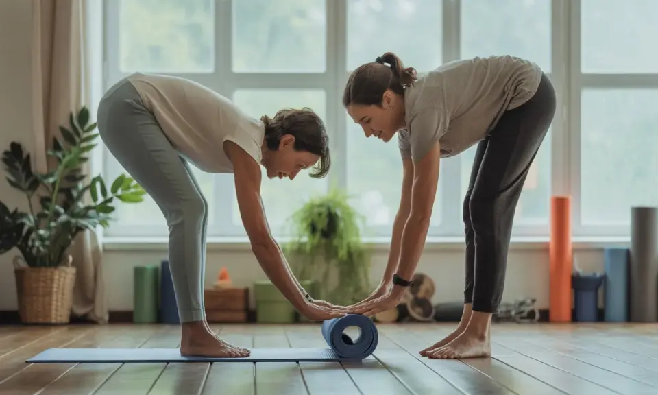 Deux femmes déroulent un tapis de yoga, un exercice bénéfique pour réduire la durée d'arrêt travail mal de dos.