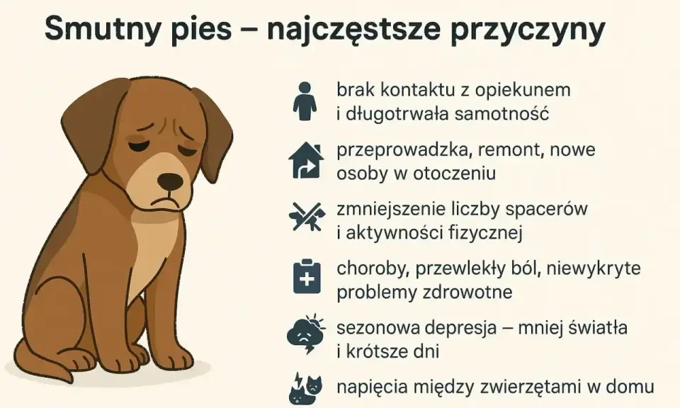 Smutny pies piszczy z wielu powodów: samotność, zmiany w otoczeniu, brak ruchu, ból, depresja czy konflikty z innymi zwierzętami.