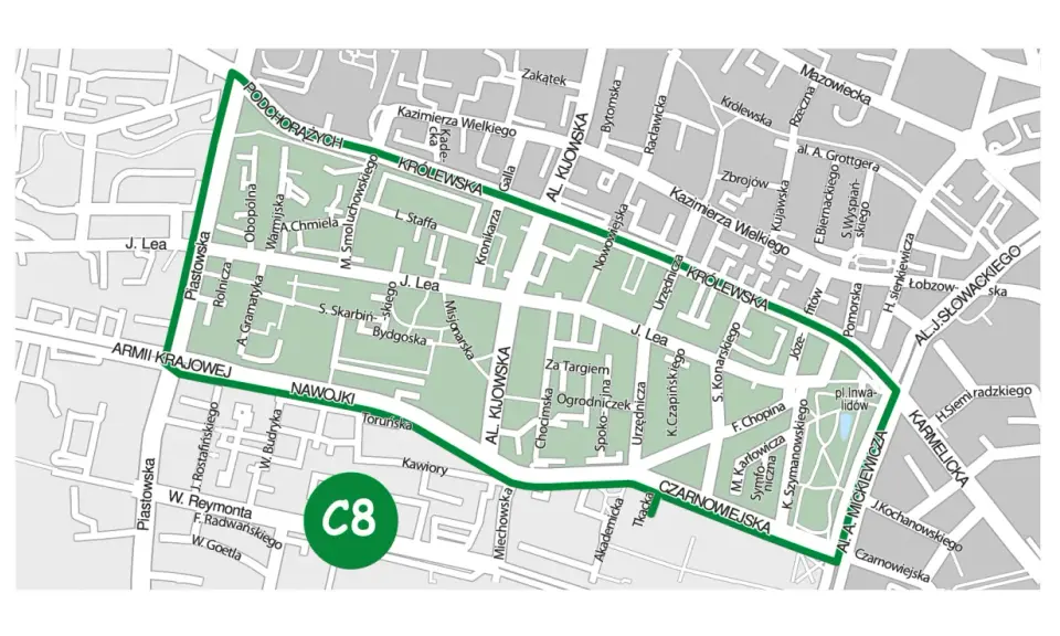 Mapa wyznacza krakowskie strefy parkingowe, w tym obszar C8.