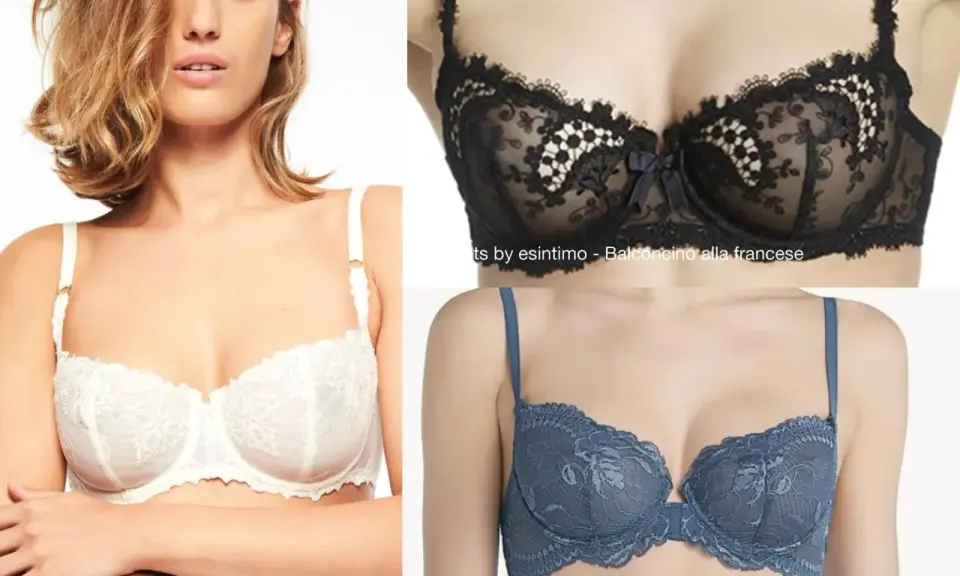 Modelli di reggiseno a balconcino in pizzo bianco, nero e blu.