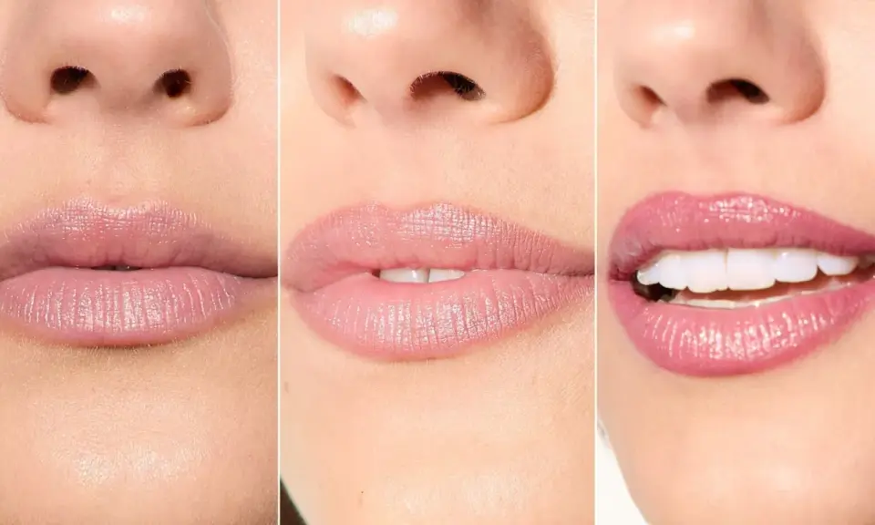 Tres looks de maquillaje de labios: nude, rosa pálido y rosa brillante.
