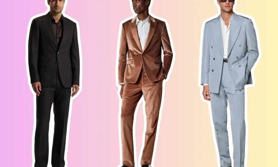 Three men showcase stylish cocktail attire: a dark suit, a velvet suit, and a light blue double-breasted suit.