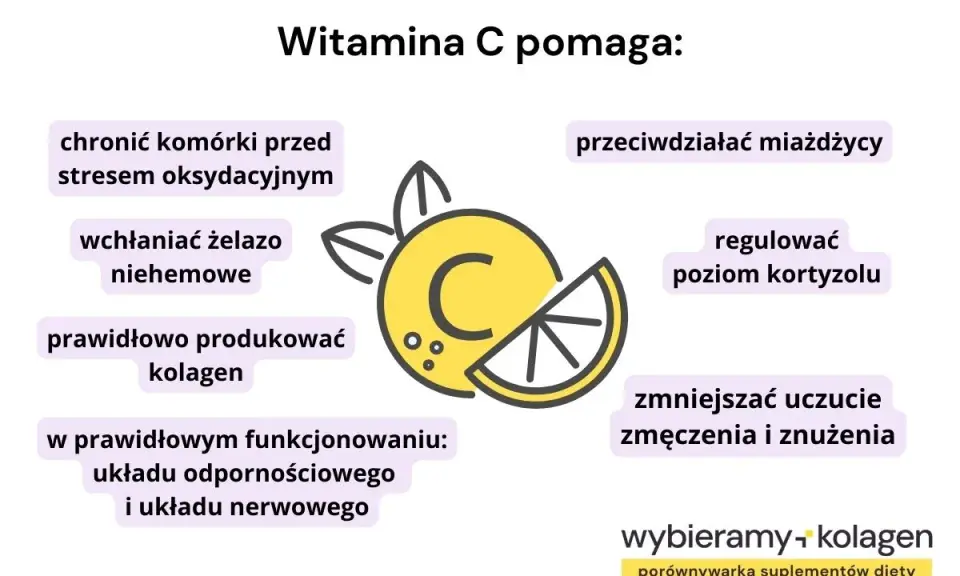 Jak działa witamina C: chroni komórki, wspiera odporność, reguluje kortyzol, zmniejsza zmęczenie.