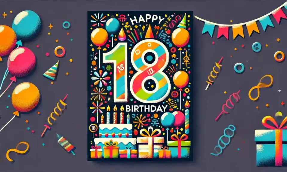 Kolorowa grafika z cyfrą 18 i napisem "Happy Birthday", otoczona balonami, prezentami i konfetti. To piękne życzenia na 18 urodziny od dziadków.