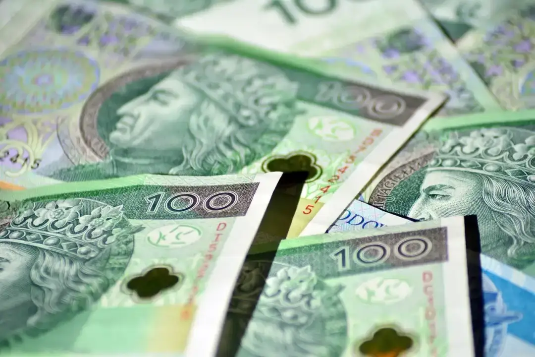 Stos stuzłotowych banknotów, idealnych na zasiłek stały. Widoczne portrety władców i nominały.