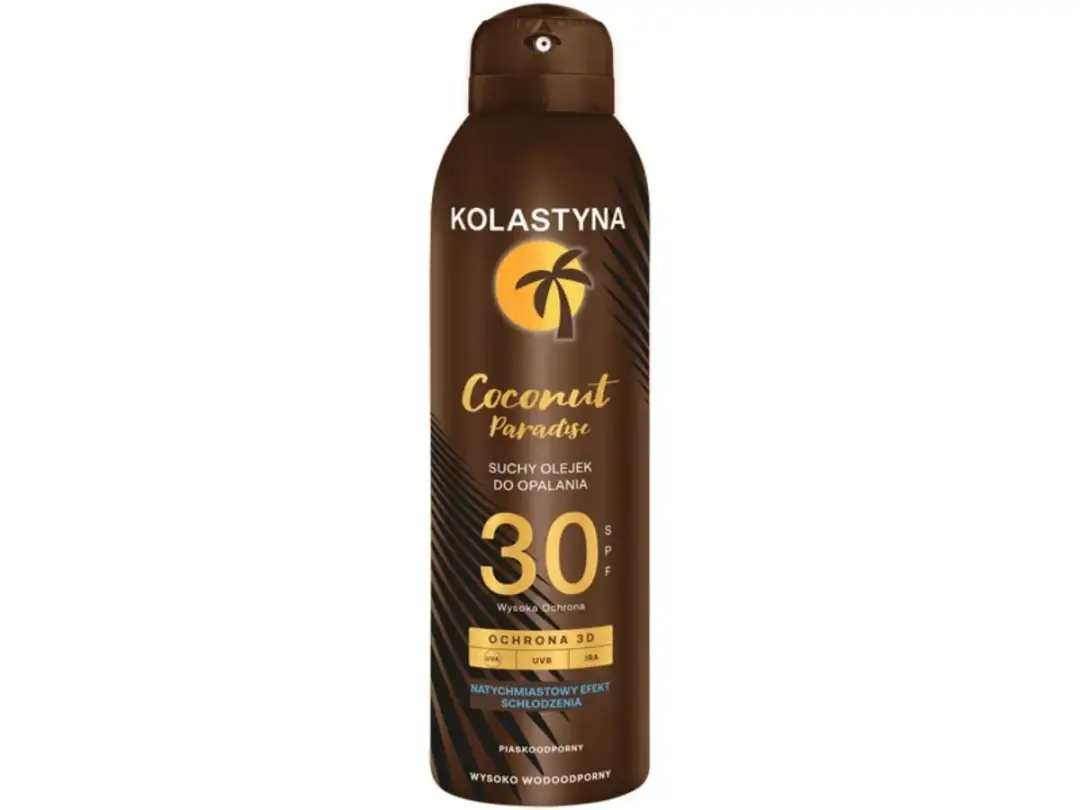 Kolastyna Coconut Paradise, suchy olejek do opalania SPF 30. Idealny do plażowania, często pojawia się w rankingach olejków do opalania.