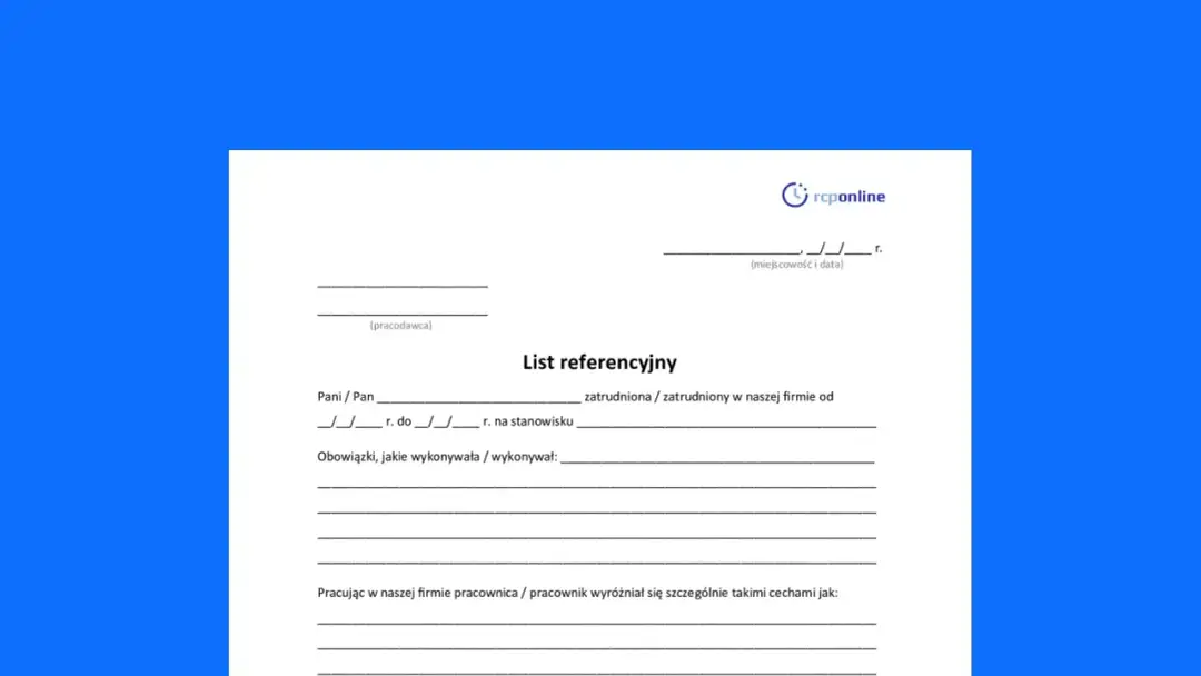 Formularz "List referencyjny" do wypełnienia przez pracodawcę. Rekruter pyta o weryfikację referencji od poprzedniego pracodawcy.
