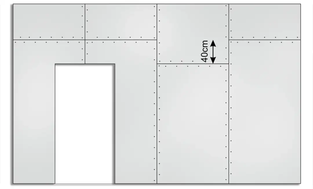 Schemat przedstawia fragment ściany z płyt gipsowo-kartonowych, z zaznaczonymi wymiarami płyty gk 40cm.