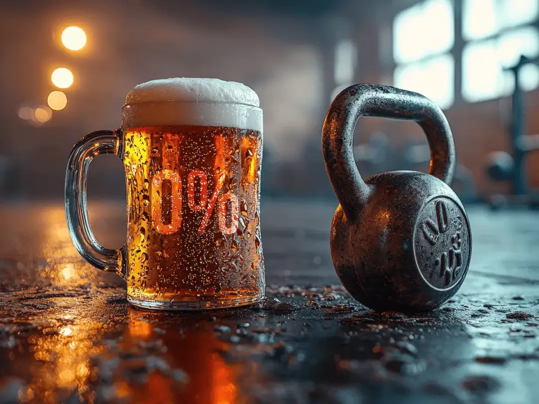 Kufel piwa bezalkoholowego IPA z napisem "0%" obok kettlebell. Zastanawiasz się, ile kalorii ma piwo bezalkoholowe typu IPA, a zwykły lager?