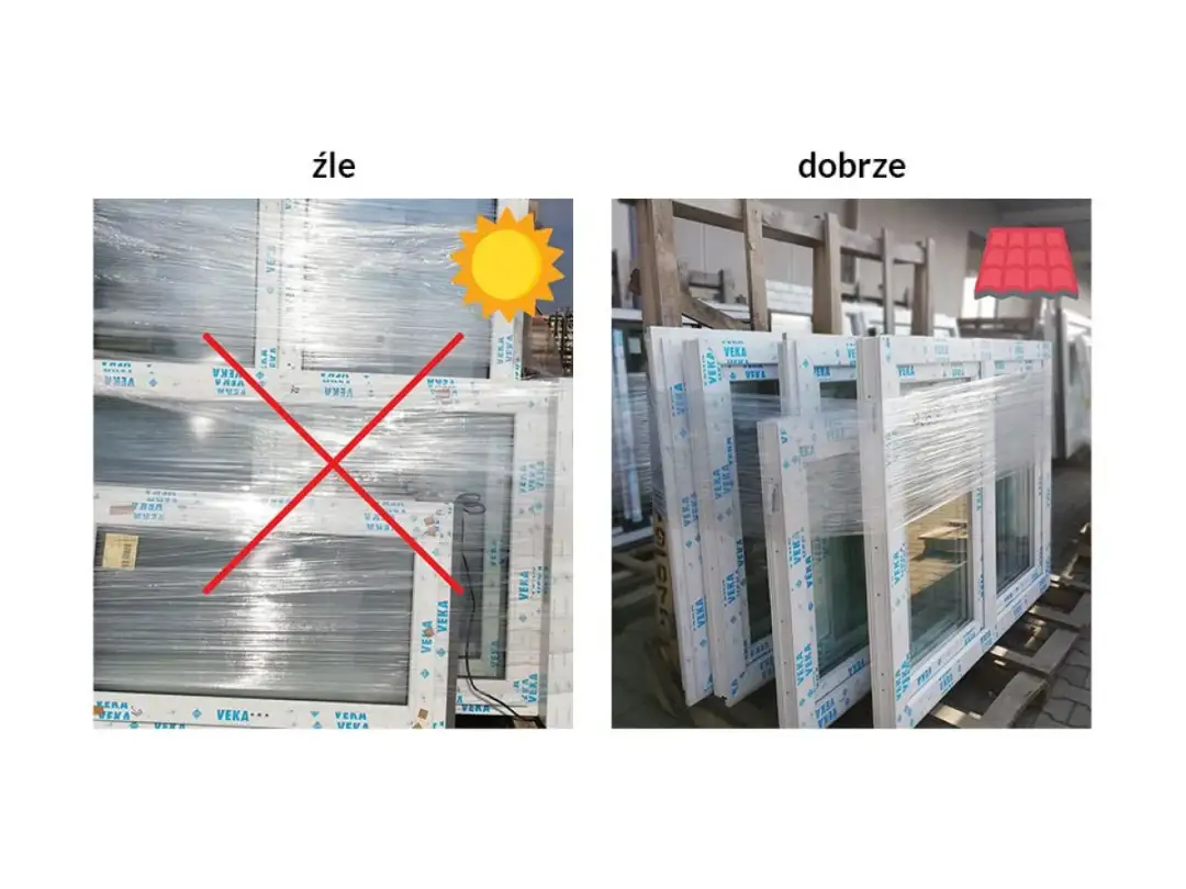 Złe i dobre przechowywanie okien PCV. Po lewej okna na słońcu, po prawej zabezpieczone pod dachem. Jak połączyć dwa okna pcv? Przechowywać je w odpowiednich warunkach.
