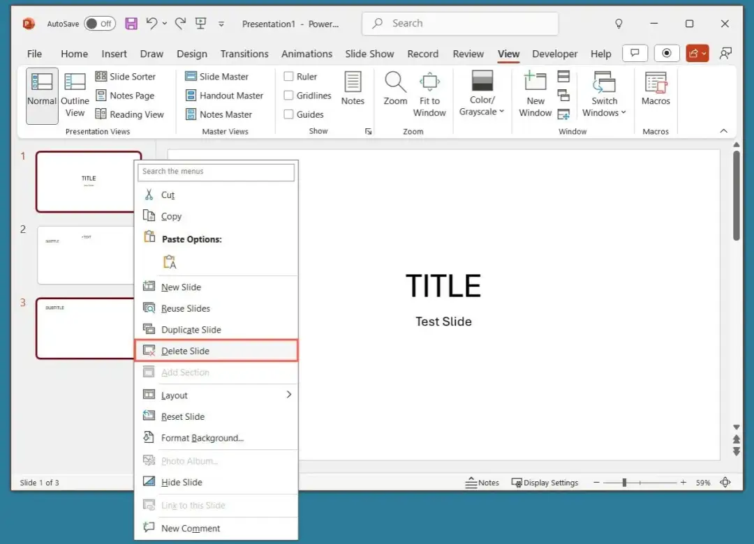 Zrzut ekranu z programu PowerPoint, pokazujący menu kontekstowe z opcją "Usuń slajd" podświetloną na czerwono.