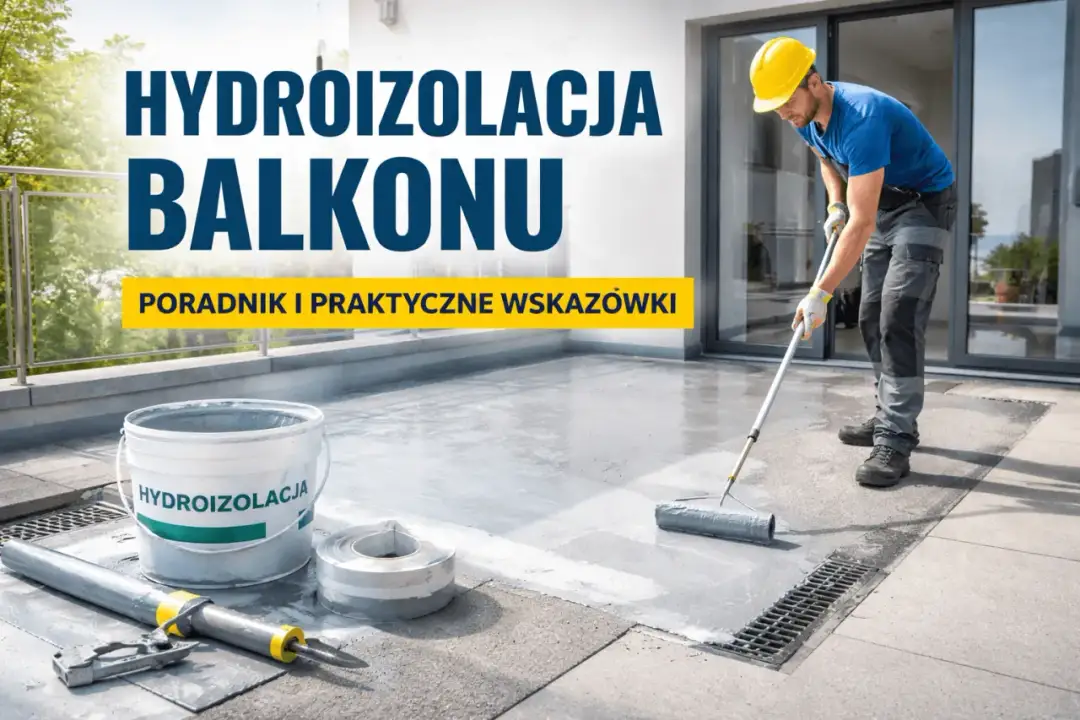 Jaka hydroizolacja na balkon? Pracownik nakłada masę uszczelniającą wałkiem. Na pierwszym planie wiadro z napisem "HYDROIZOLACJA".