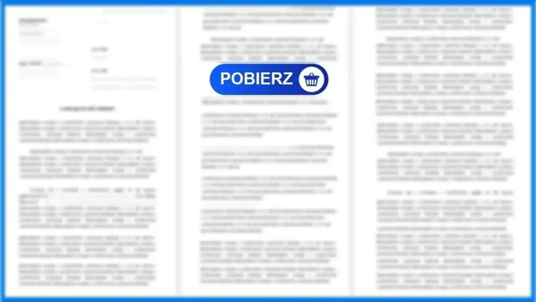 Trzy dokumenty z tekstem, jeden z przyciskiem "POBIERZ" i ikoną koszyka.