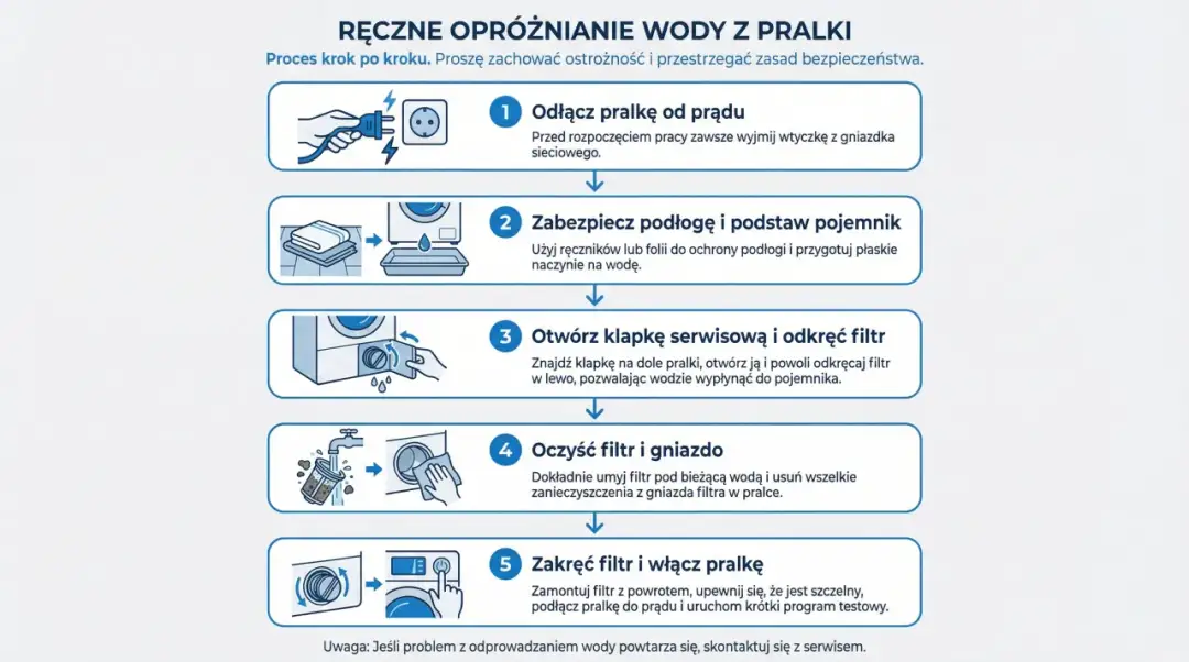 Instrukcja krok po kroku: jak wypompować wodę z pralki. Odłącz prąd, zabezpiecz podłogę, otwórz klapkę, wyczyść filtr, zakręć i włącz pralkę.