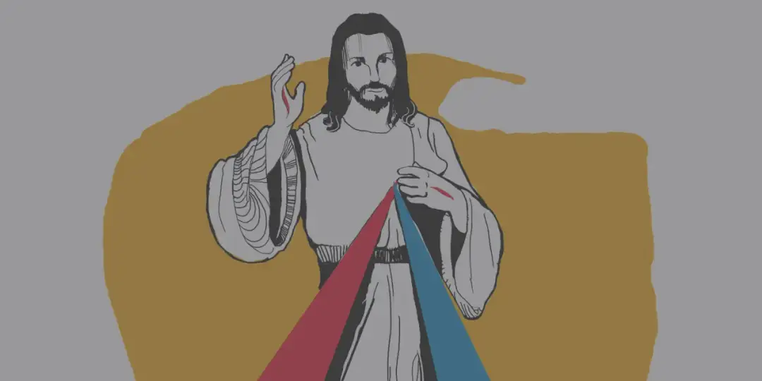 Jezus z ranami na dłoniach, z których wypływają promienie czerwone i niebieskie. Obraz nawiązuje do Niedzieli Miłosierdzia Bożego.