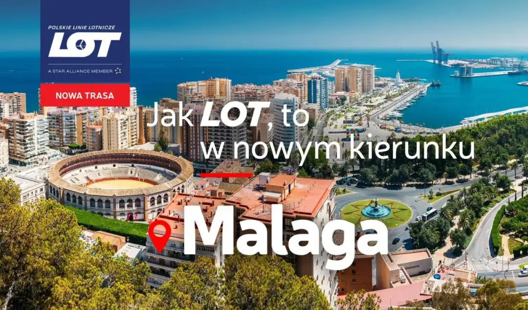 LOT oferuje nowe **malaga loty**. Widok na miasto z areną i portem.