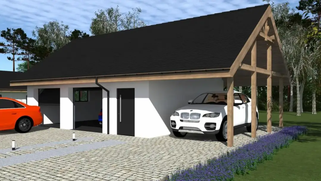 Nowoczesny garaż blaszak z wiatą, gdzie białe BMW stoi pod drewnianą konstrukcją, a obok pomarańczowy samochód.