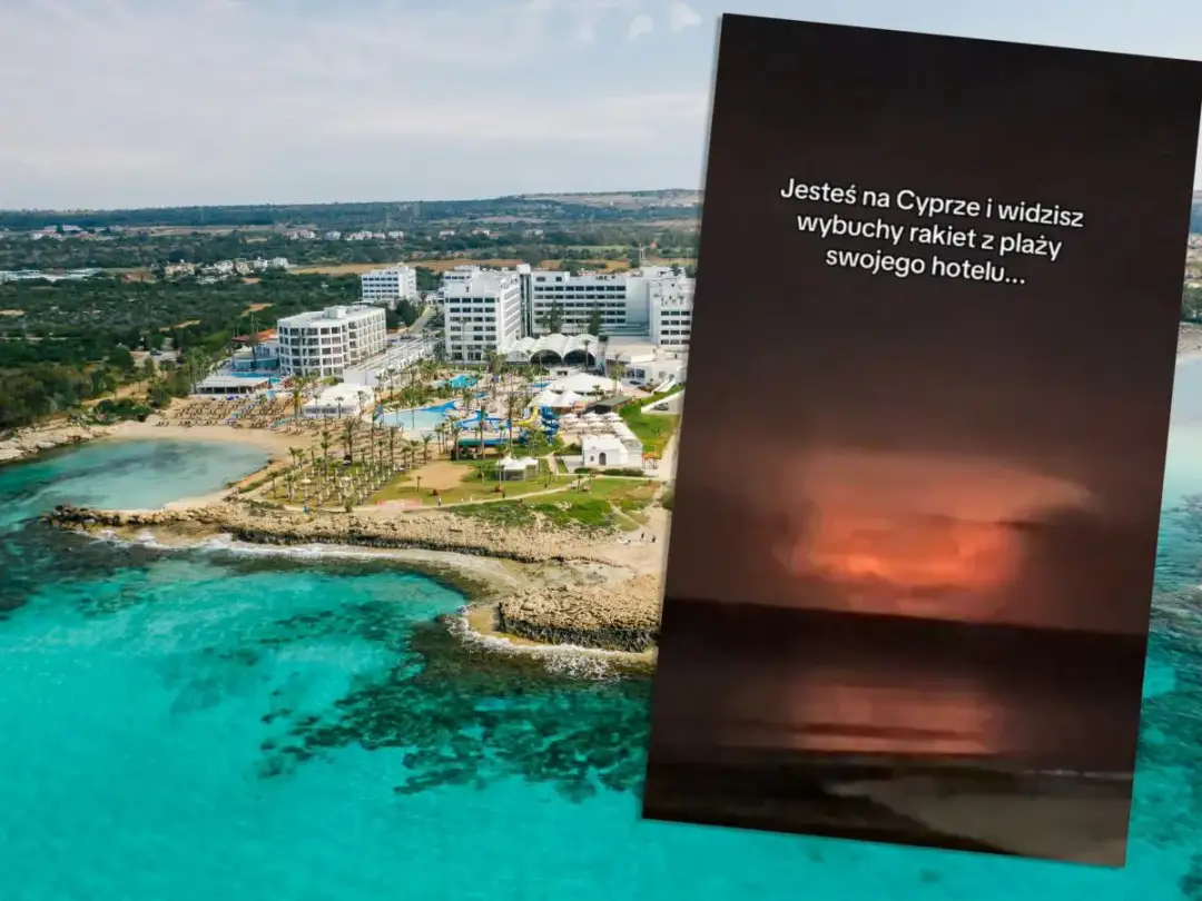 Widok na hotel z basenami i plażą na Cyprze. Na zdjęciu widać też wybuchy rakiet, co rodzi pytanie: czy Cypr jest bezpieczny?