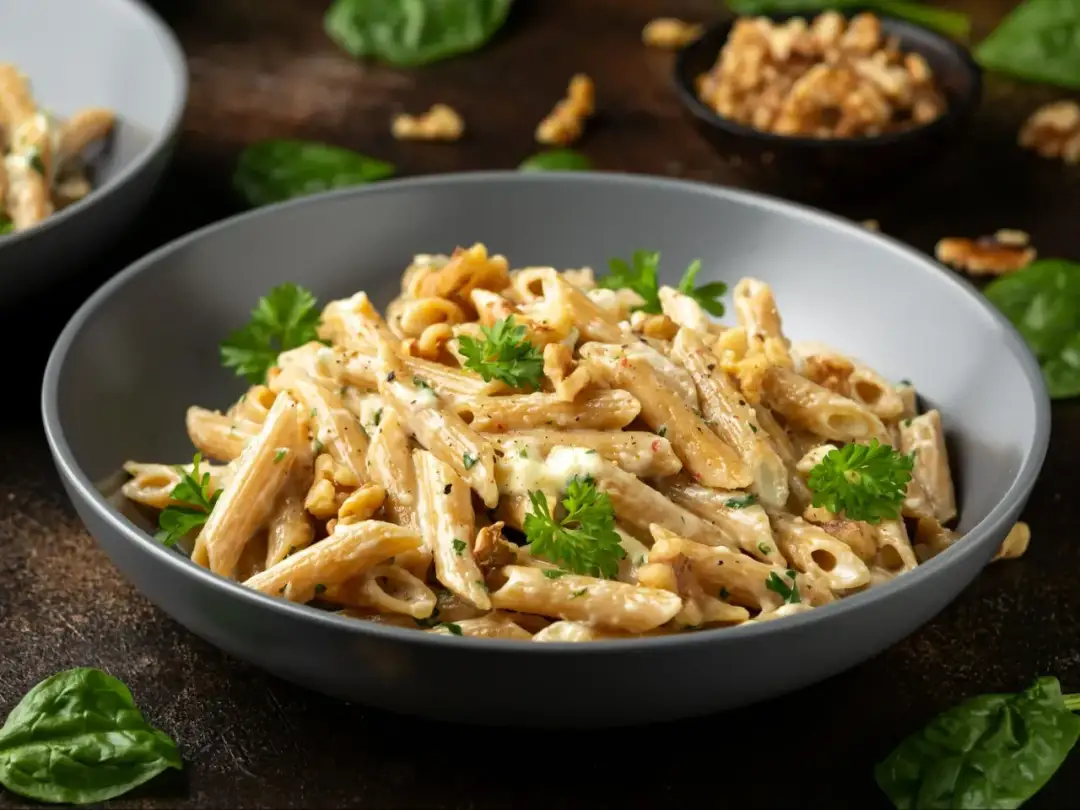 Penne z kremowym sosem, szpinakiem, orzechami i gorgonzolą, udekorowane natką pietruszki. Pyszne danie, które zachwyci każdego.