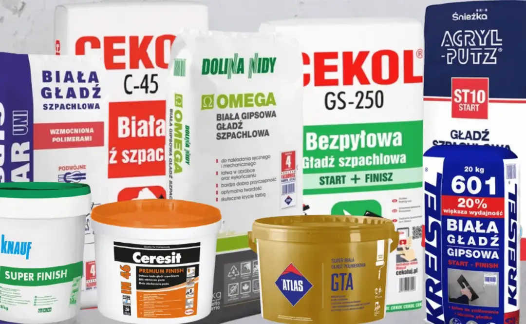 Gotowa gładź polimerowa w wiaderkach i workach od marek Atlas, Ceresit, Knauf, Cekol, Dolina Nidy i Śnieżka.