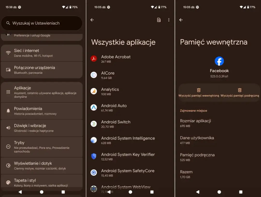 Ekran telefonu pokazuje, jak wyczyścić pamięć podręczną w telefonie. Widoczne są opcje "Wyczyść pamięć wewnętrzną" i "Wyczyść pamięć podręczną" dla aplikacji Facebook.