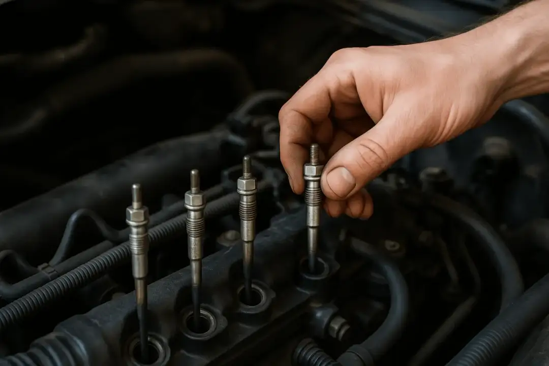 Dłoń mechanika sprawdza świece żarowe w silniku. Dowiedz się, jak sprawdzić świece żarowe bez wykręcania.