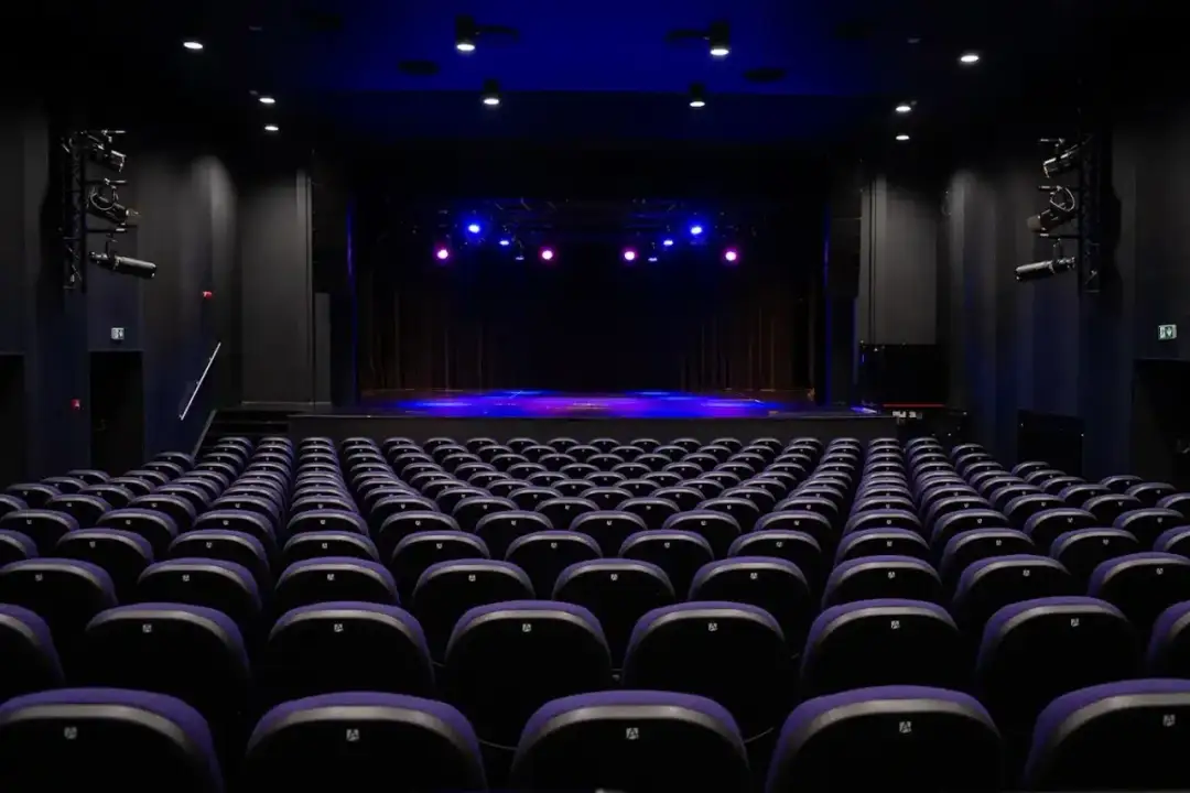 Puste rzędy foteli w ciemnej sali, gotowe na spektakl w Teatrze Muzycznym Praga. Niebieskie i różowe światła oświetlają scenę.