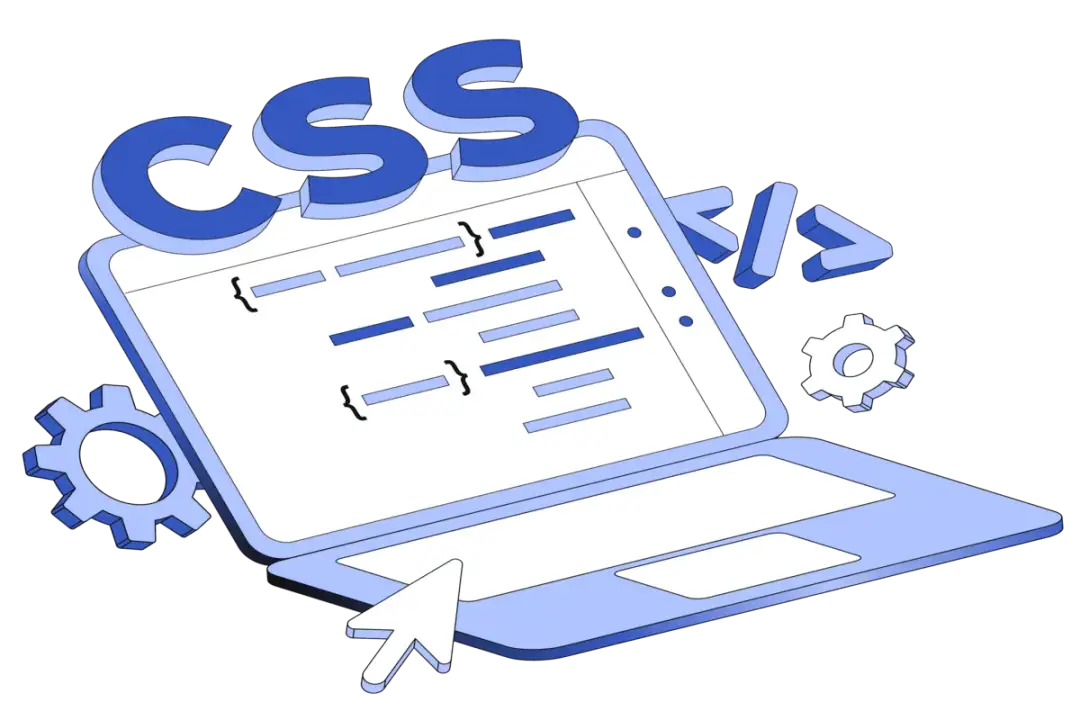 Ilustracja przedstawiająca laptop z kodem CSS, kursorem myszy i ikonami kół zębatych.