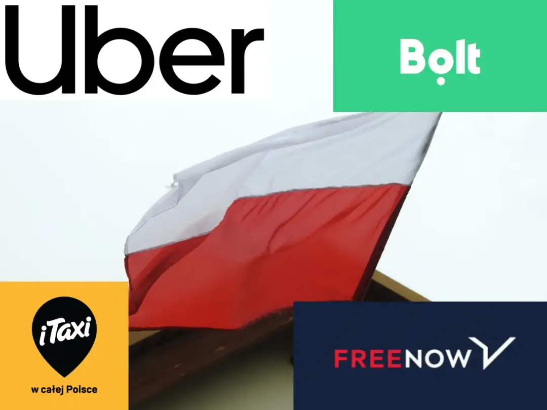 Logo Uber, Bolt, iTaxi i FREE NOW na tle polskiej flagi. Wybór transportu: Bolt czy Uber?